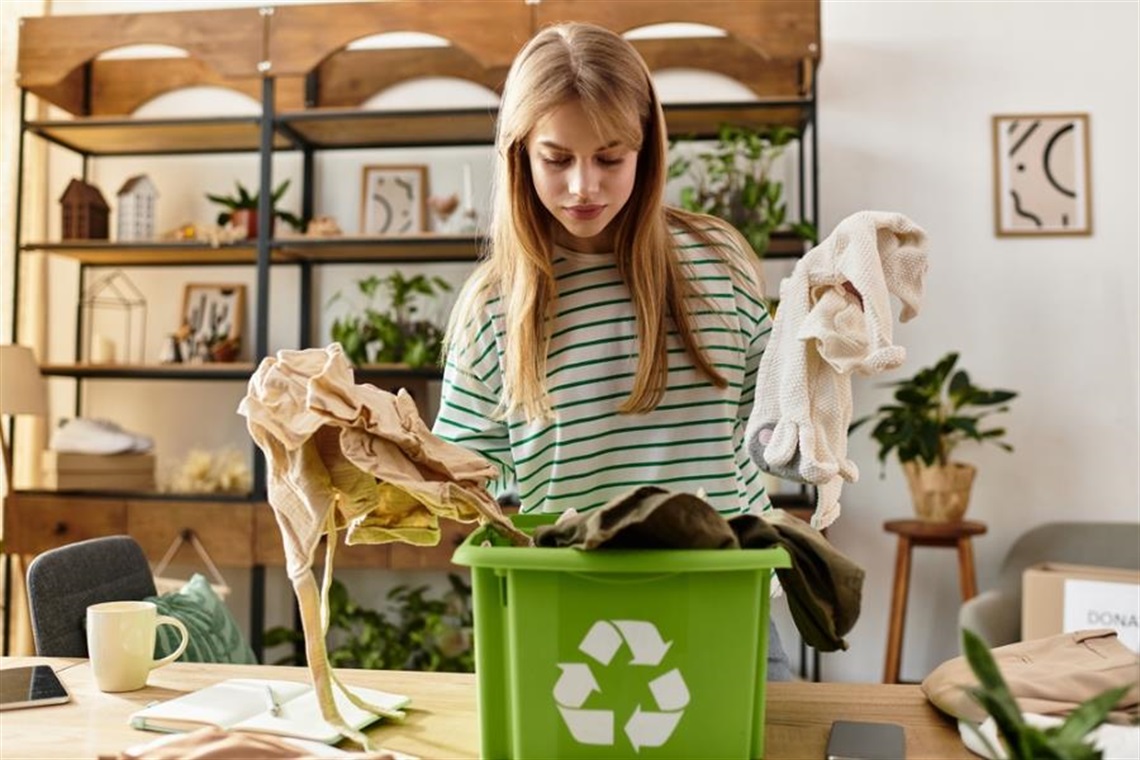 Woman sorts items for recycling