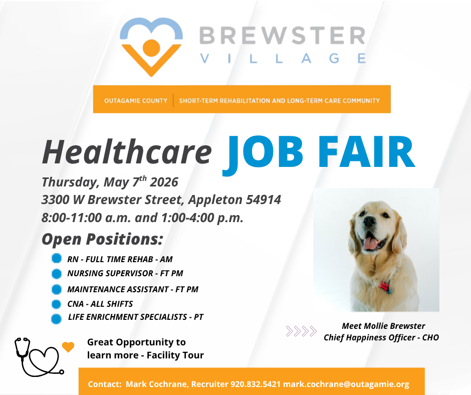 Job Fair Flyer with Mollie the Brewster Village therapy dog